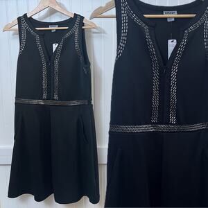 DKNY Sleeveless Beaded Trim A-Line Dress Pockets Stretch Black Women's 6 NWT